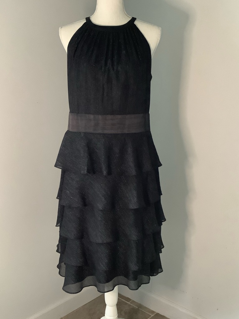 Evan Picone Black Halter Tiered Midi Dress